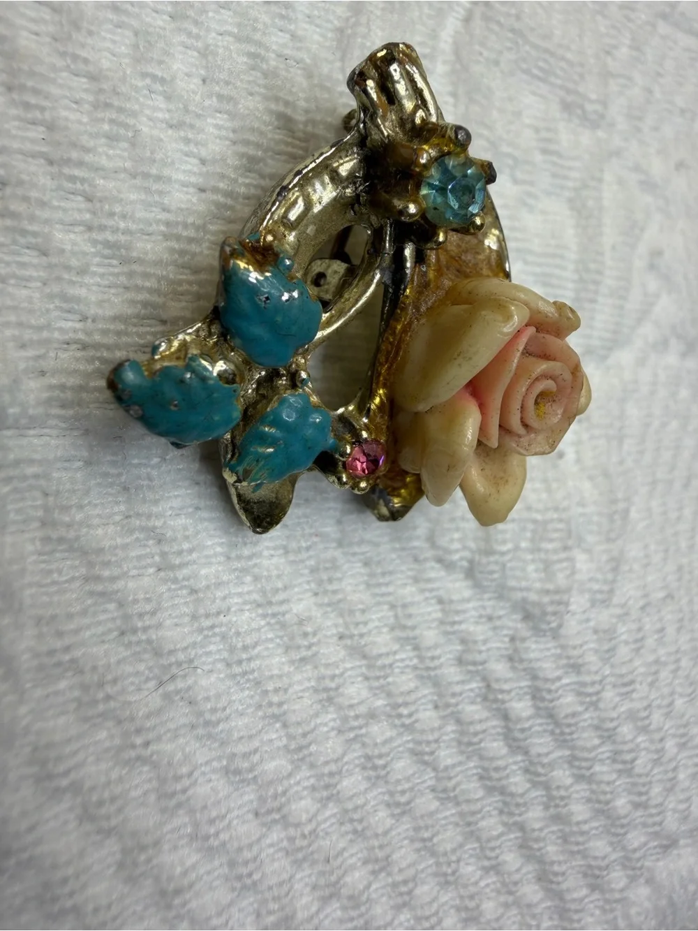 Vintage Pink Rose & Turquoise Floral Brooch
